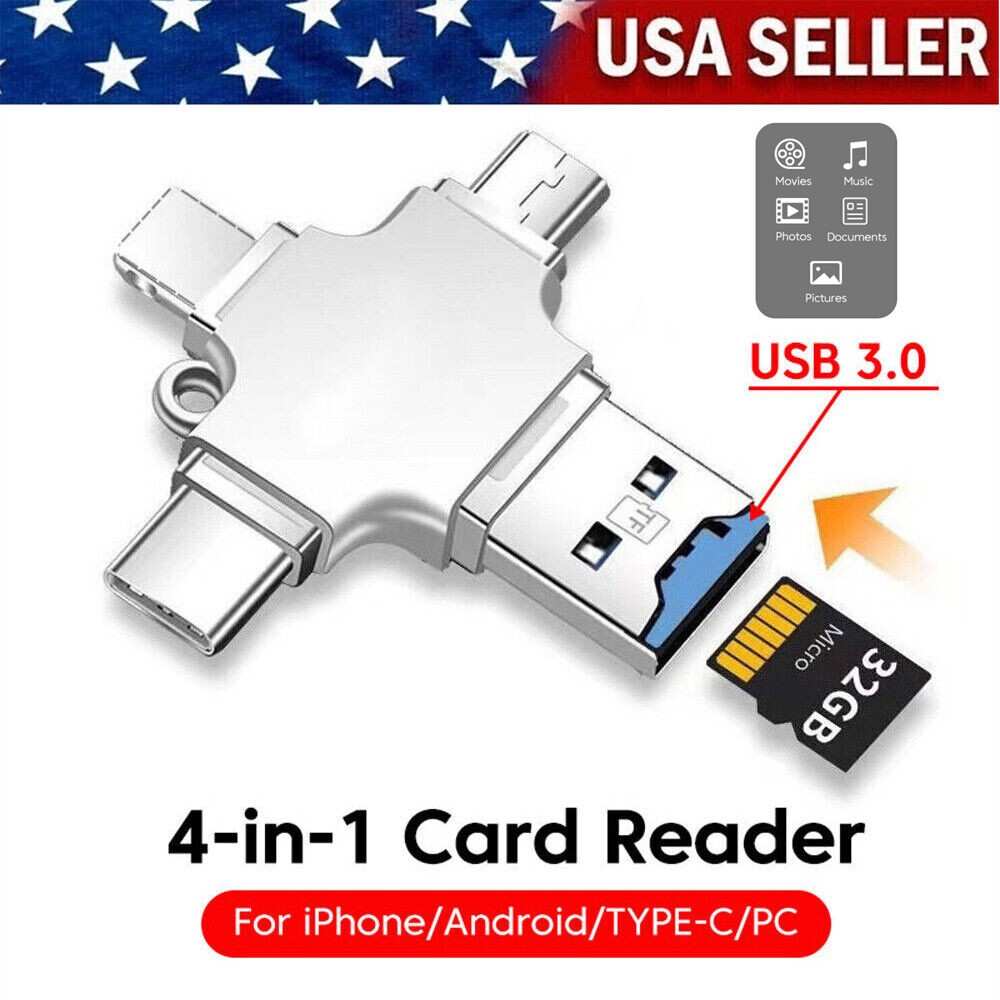 4 IN 1 USB 3.0 Micro TF Card Reader Adapter OTG Type-C for iPhone Android iPad