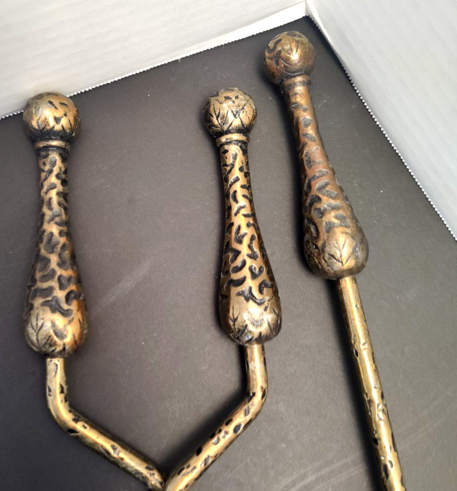 Vintage Iron/Brass Hammered Gothic 4 Pc Fire Place Tool Set