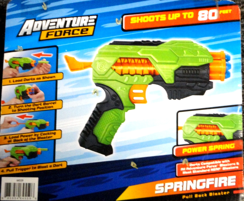 Springfire, Pull Back Blaster, NEW! 4 Foam Darts Shoots 80' , Adventure Forces