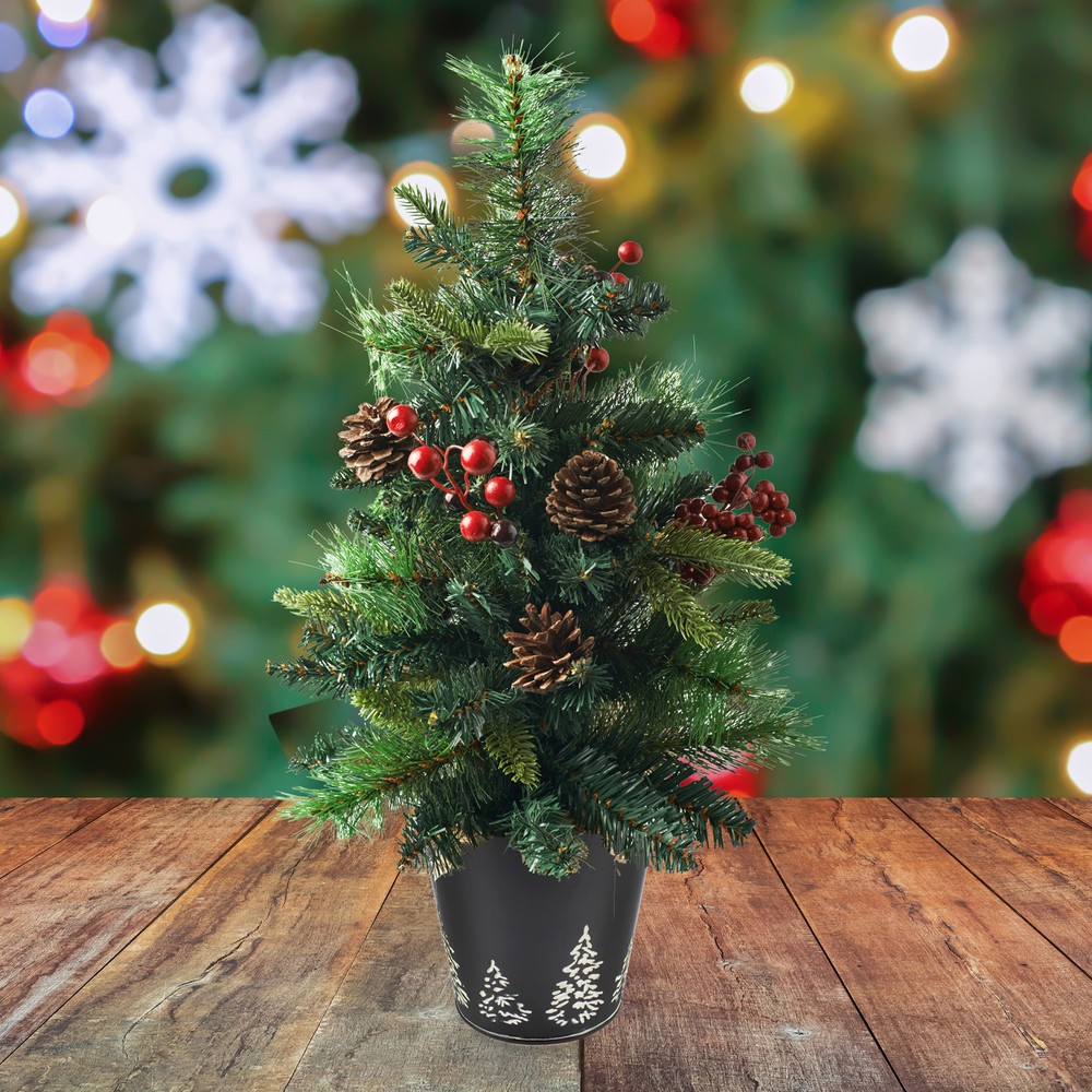 Black Mini Christmas Tree Buckets 2pk, Metal Tree-Embossed