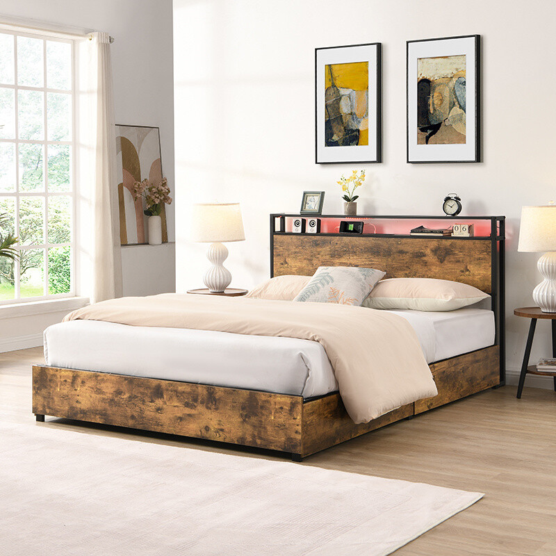 Queen Size Platform Bed Frame w/LED Headboard,Charging Station & 4 Large Drawers