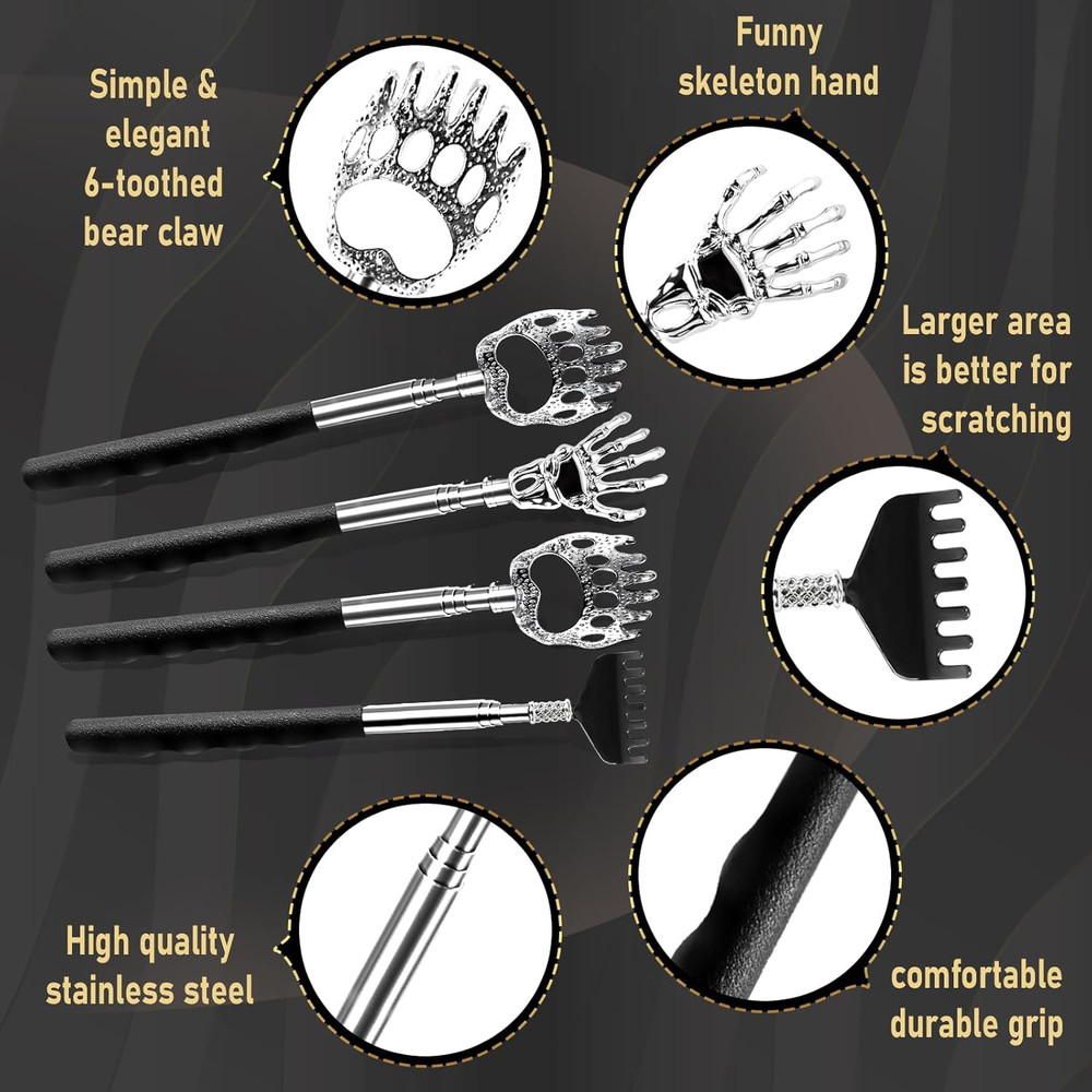 4Pcs Back Scratcher, Extendable Back Massager Tool with Rubber Handle-Telescopic