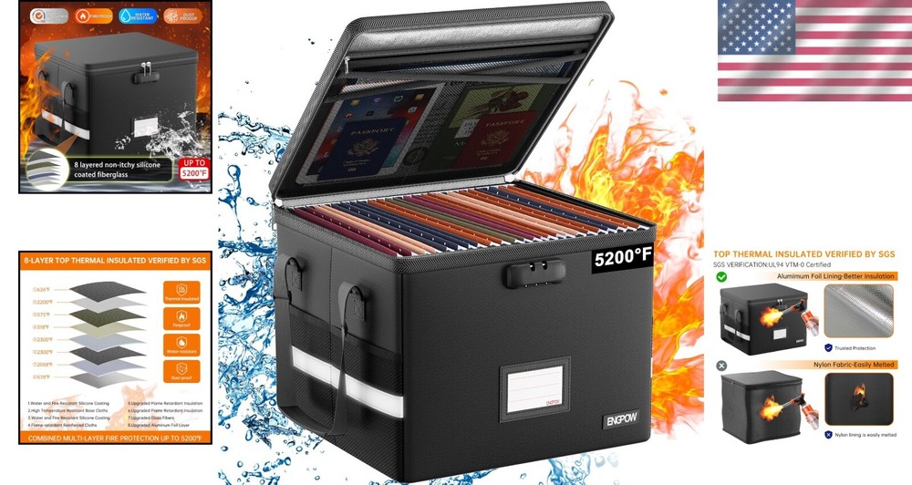 Lockable Fireproof File Box with Mesh Pockets - Protect Documents & Valuables