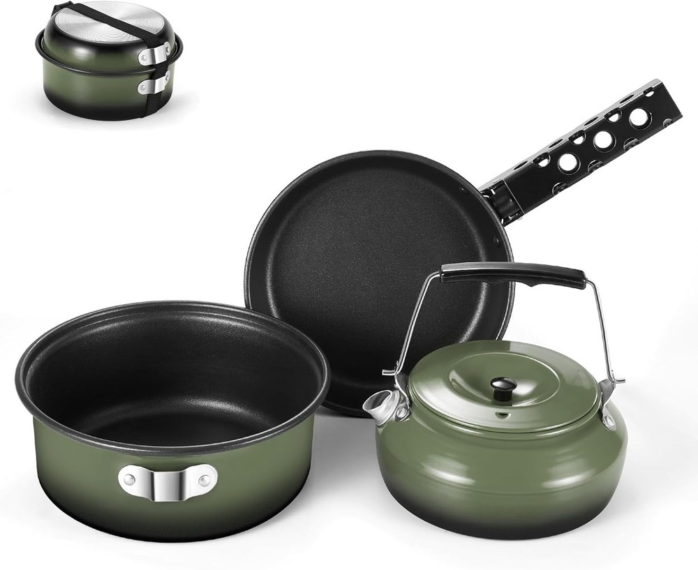5PCS Camping Cookware Set Non-Stick Pot Pan Kettle Removable Handle Green