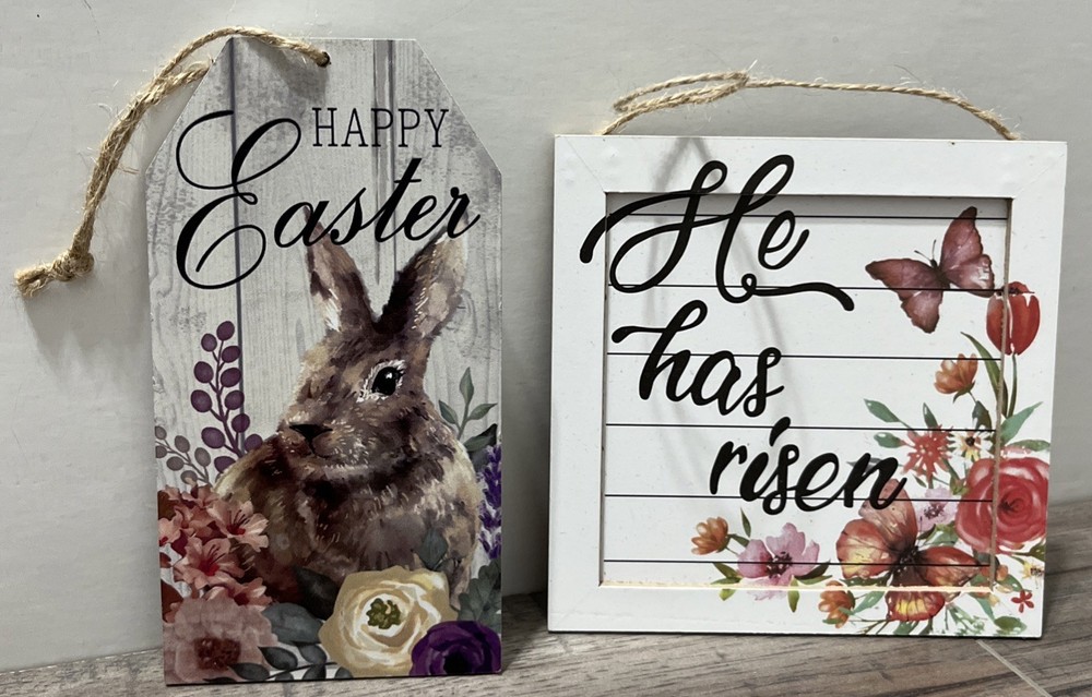 2 Small Hanging Easter Spring  Signs One Reversible 5”x5” & 3”x6” Religious