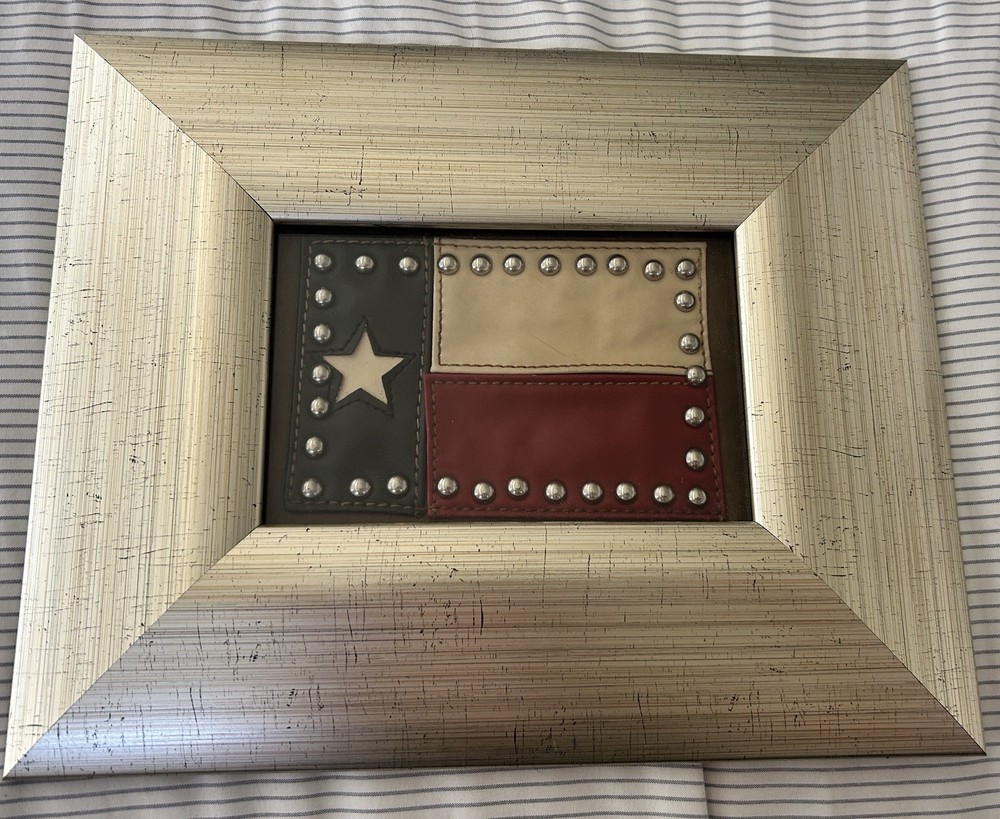 Framed Vintage TEXAS State Flag, Leather, Metal Studs, Unique Small