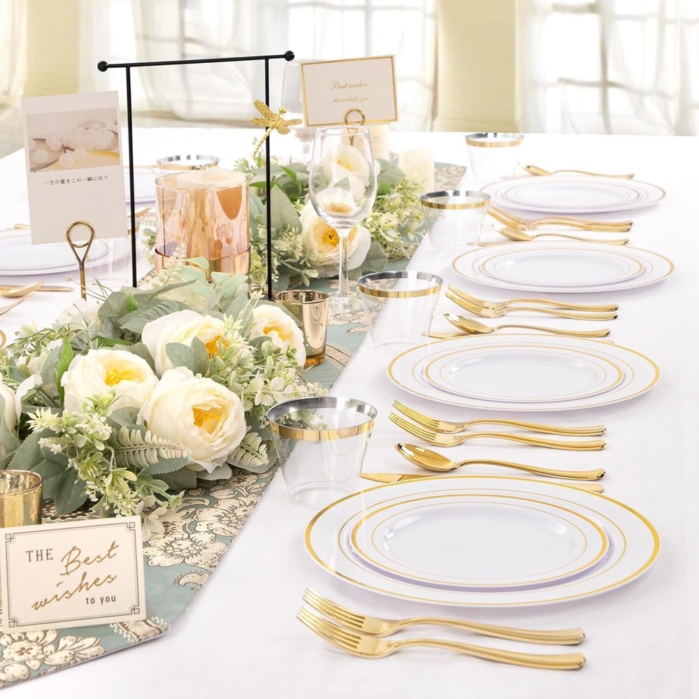 350 Pieces Gold Plastic Disposable Dinnerware Set w/Silverware and Cups Plates