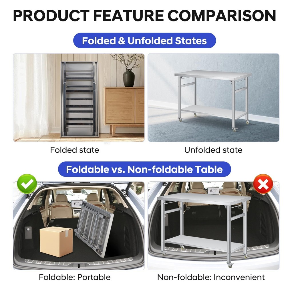 60" x 24" Stainless Steel Table 920 LBS Commercial Foldable Prep Table Worktable