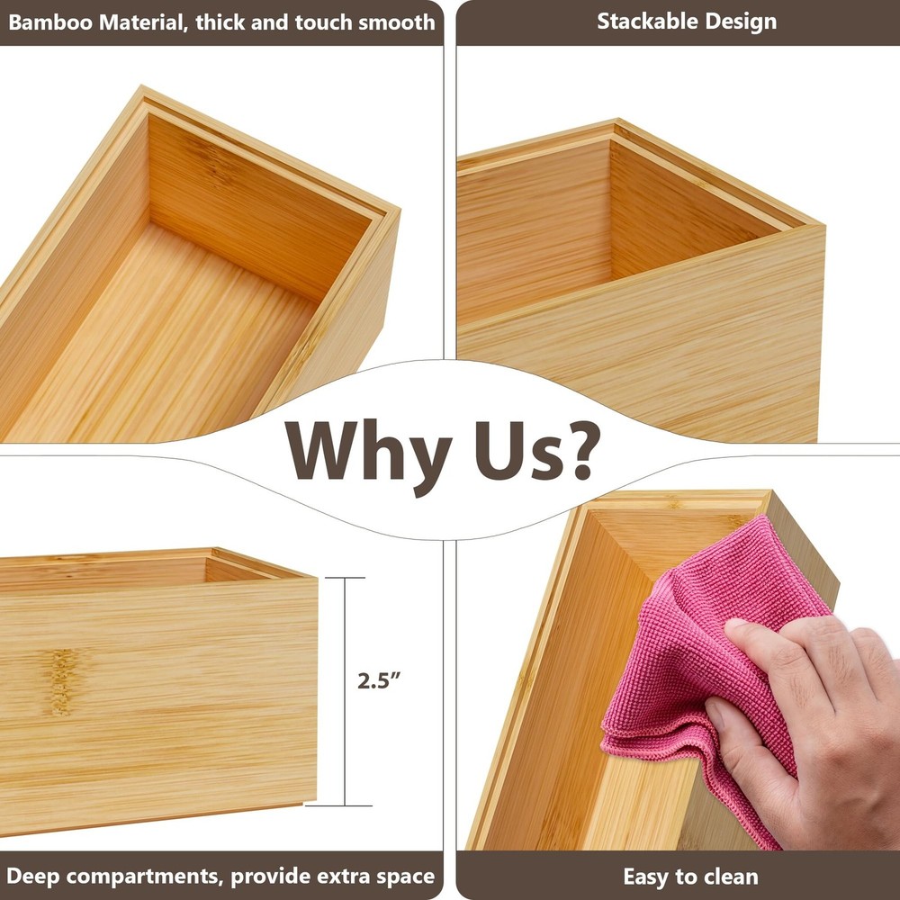 Kitchen Drawer Organizer Bins, Stackable Bamboo Deep Drawer Organizer for Sil...
