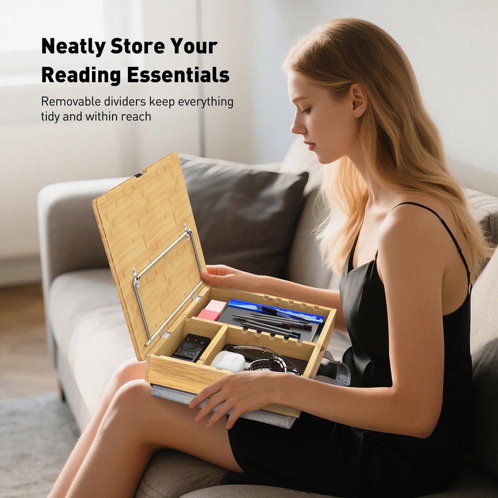 Book Stand for Reading with Storage, Adjustable Bamboo Book Holder with Soft ...