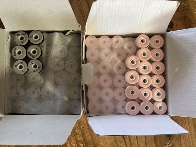 NEW 2 BOXES DOUBLELIN PREWOUND BOBBIN THREAD BLACK 144 COUNTS WHITE 128 COUNTS