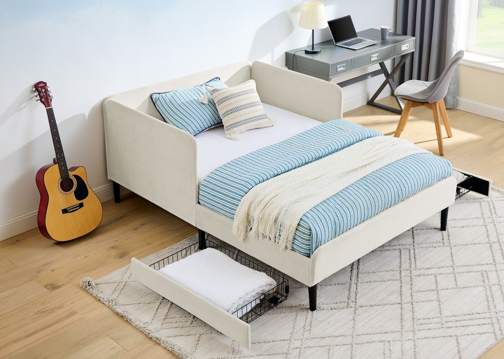 Full Size Upholstered Platform Bed Frame with 2 Storage Drawers, Adjustable Vel