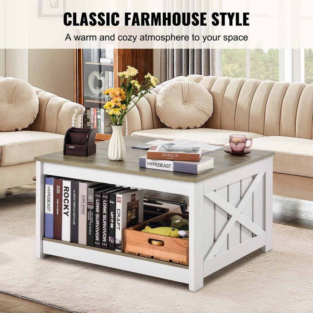 31.5" Farmhouse Coffee Table Square Coffee Table Open Storage Compartment