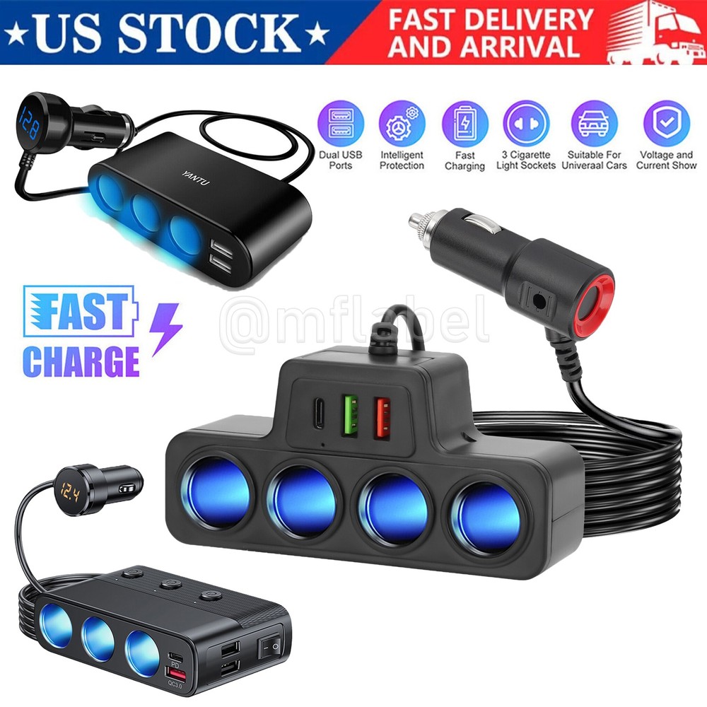 12V 3-Way Car Cigarette Lighter Socket Splitter USB Fast Charger Power Adapter