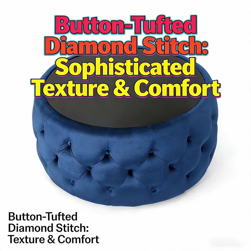 Coffee Table Cluster-Stitch Diamond Pattern With Tempered Glass Top