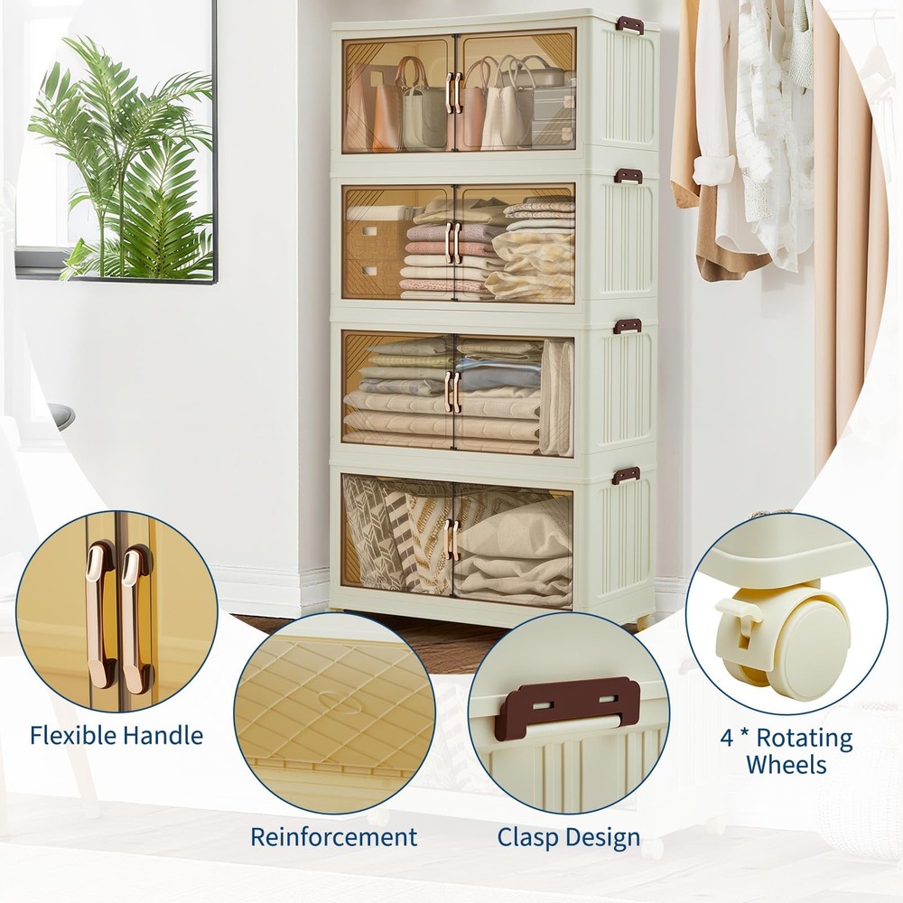 192QT Stackable Storage Bins, Folding Storage with Magnetic Doors & Wheels, L...