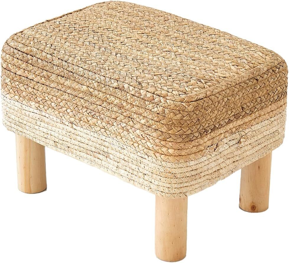 Rectangular Footstool Seagrass Footstool, Hand-Woven Dressing Stool, White