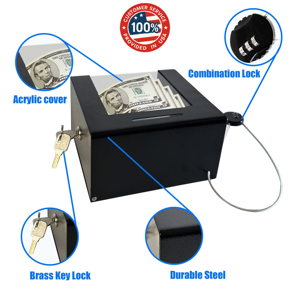OPEN BOX Steel Locking Tip Box, Secure Tip Jar with Combination Cable Lock