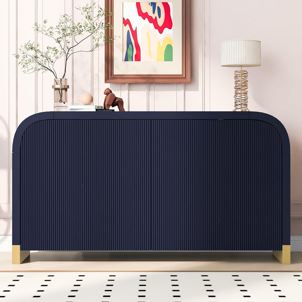 Navy Blue Sideboard Buffet Cabinet with Adjustable Shelves & Curved Design