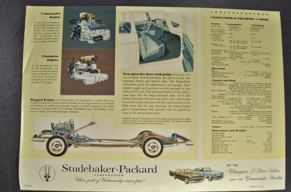 1958 Studebaker Commander Champion Sedan Brochure Sheet Excellent Original 58