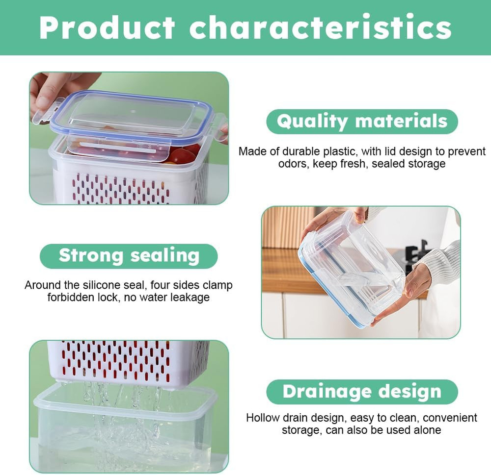 2 Pack Fruit Storage Containers for Fridge with Removable Colanders, Dishwasher