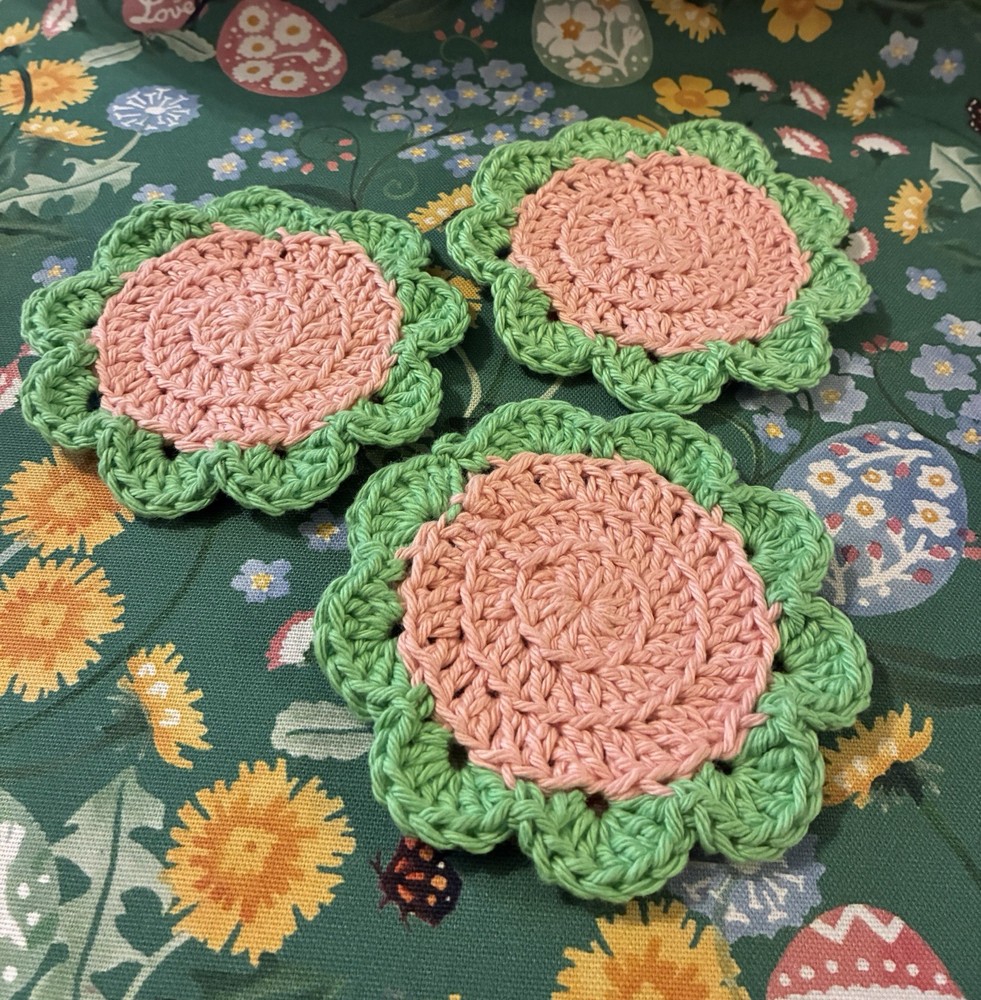 3 Handmade Crochet Mug Coasters Spring Green Peach 100% Cotton Easter Table