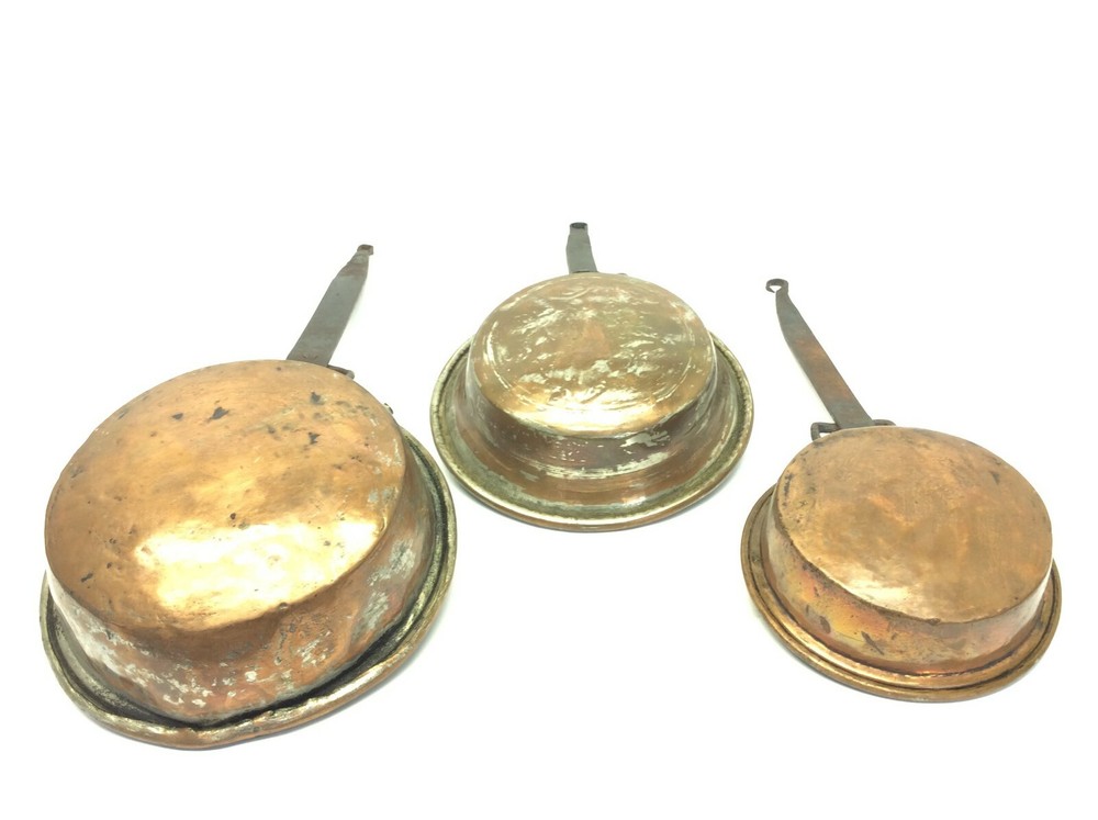 Set Three Forged Handle Iron Copperware Old Cookware Skillets Pans