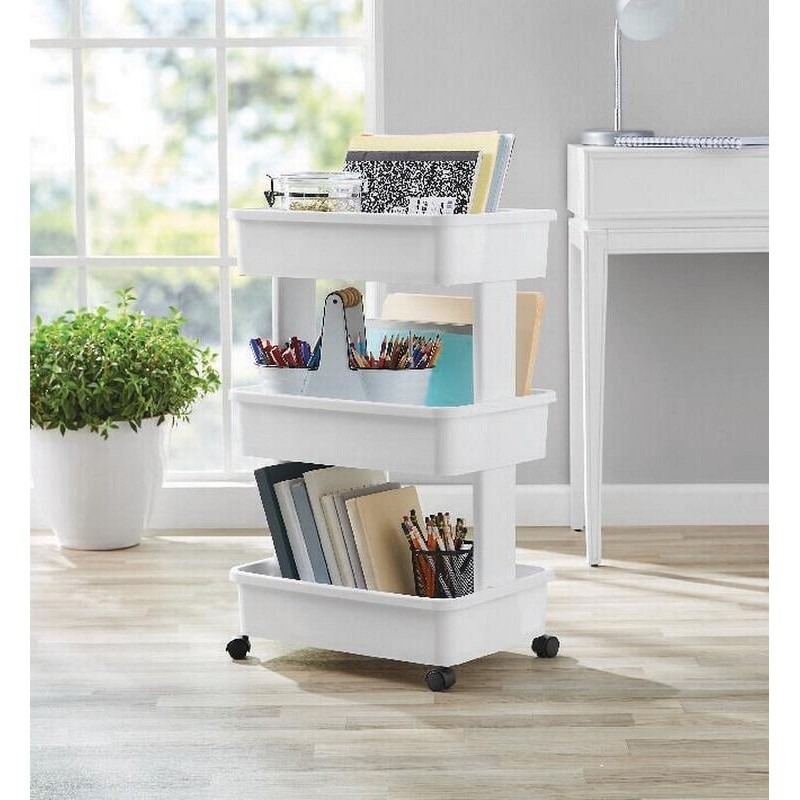 3-Tier Plastic Rolling Laundry Cart Multi-Purpose Storage Organizer Home Office