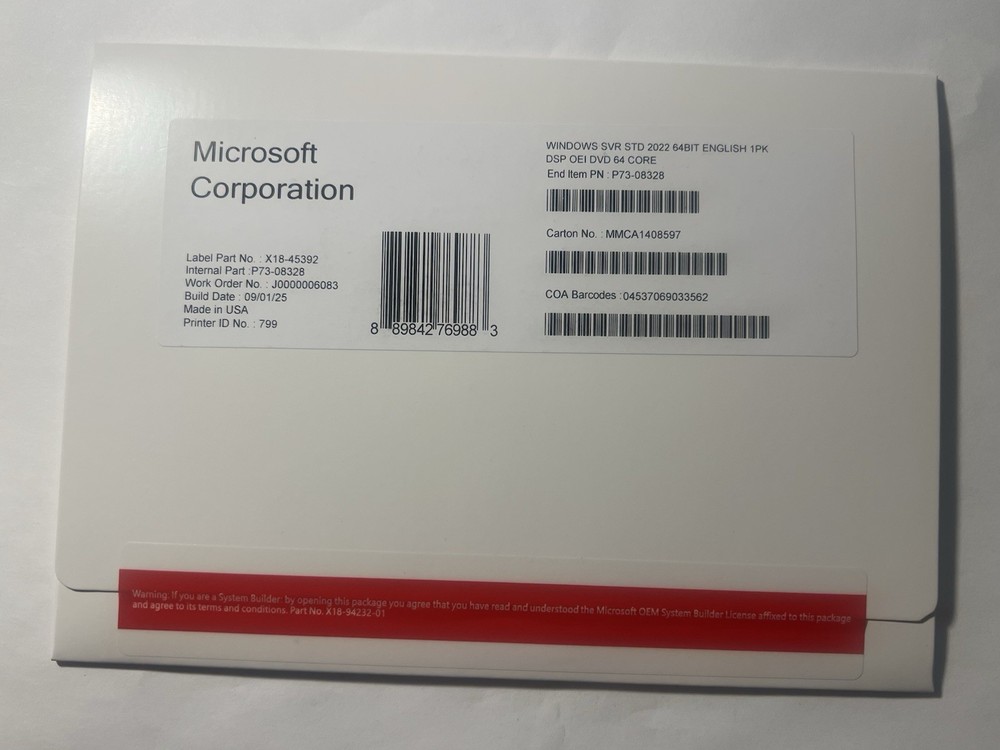 Microsoft Windows Server 2022 Standard 64bit 64 Core DVD & KEY (NEW)