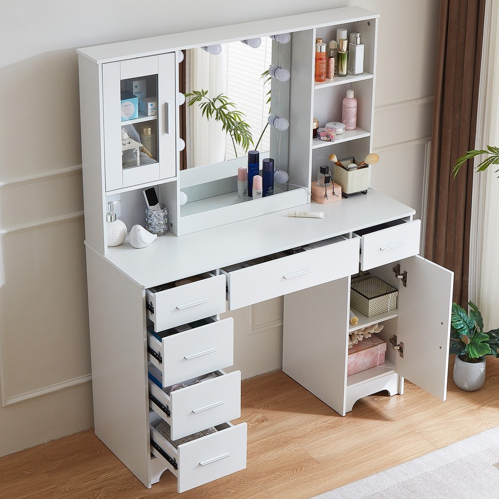 All-in-One Vanity Set Includes Desk, Mirror 7 Drawers & Storage Adjustable Light