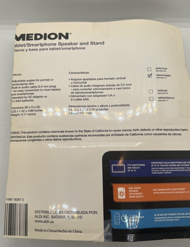MEDION - TABLET/SMARTPHONE SPEAKER AND STAND - Black Open Box