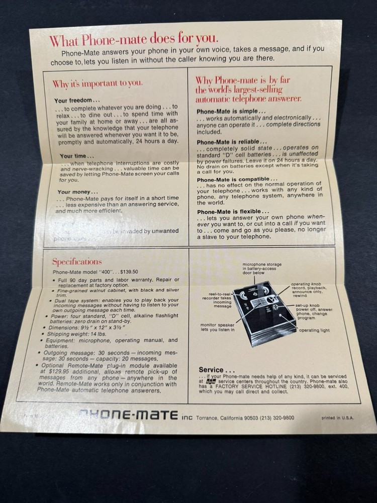 Phone-mate 400 Answering Machine Instructions & Brochure
