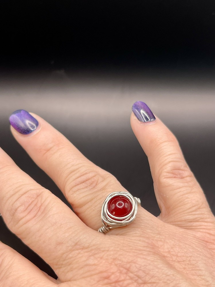 Wire Wrapped red stone Ring. Size 8. Silver Wire.