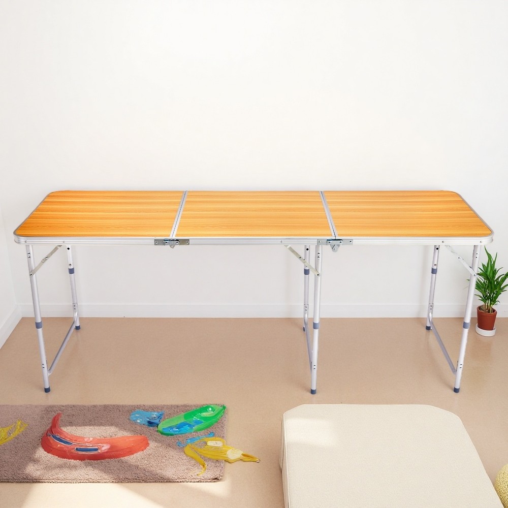 Folding Camping Table 6ft - Adjustable Height, Aluminum & Wood Grain Patio Table