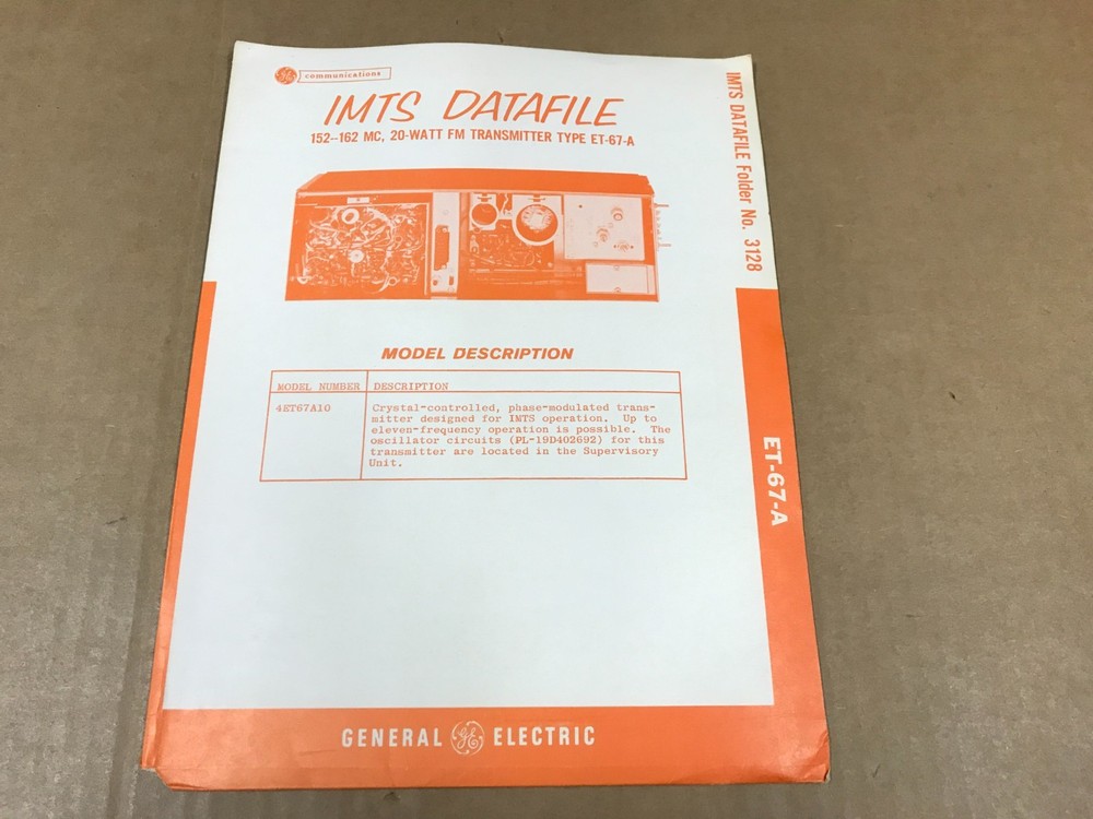 Vintage GE Communications IMTS Datafile 20-Watt Transmitter - Folder No. 3128