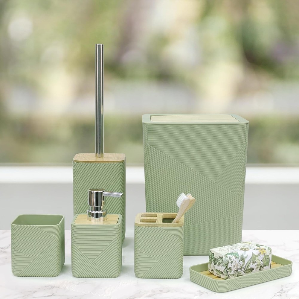 CERBIOR Bathroom Accessories Set 6 Piece Bamboo Bath Ensemble Includes Soap Disp