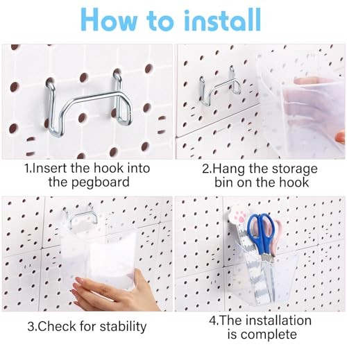 6 Pack Pegboard Bins with Hooks - Translucent Pegboard Organizer Wall