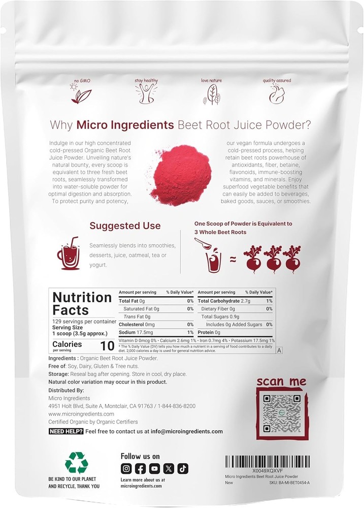 Micro Ingredients Organic Beet Root Juice Powder, 1 Pound