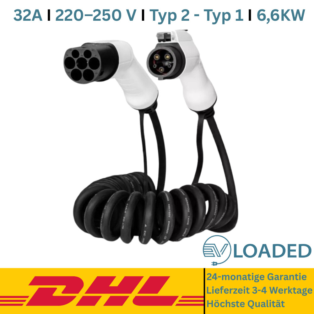 Spiral Charging Cable Type 2 - Type 1 - (32A, 1 Phase, 6.6KW)
