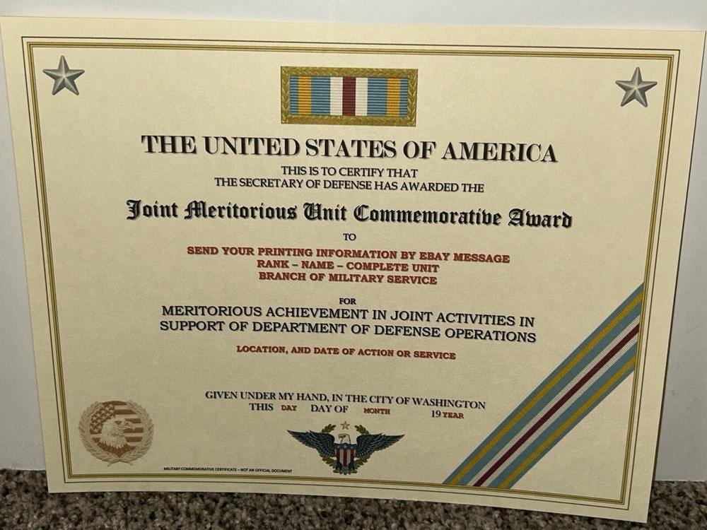 JOINT MERITORIOUS UNIT COMMEMORATIVE AWARD CERTIFICATE ~W/PRINTING T-1
