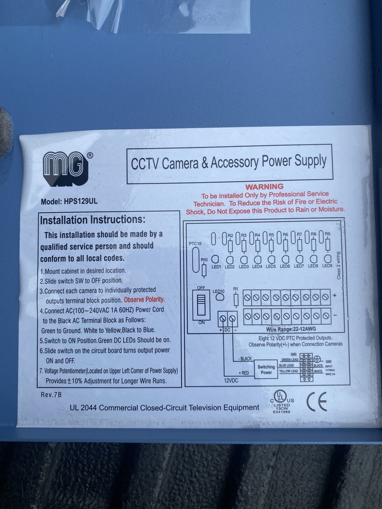 MG Electronics CCTV Camera & Accessory Power Supply Model HPS129UL