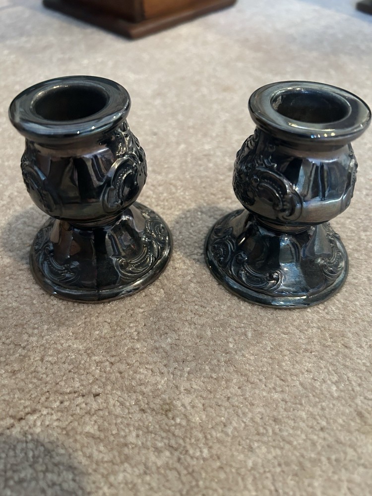 Vtg Wallace Silver Co Candle Holders Baroque Pattern 736 Silverplated 2 1/2"