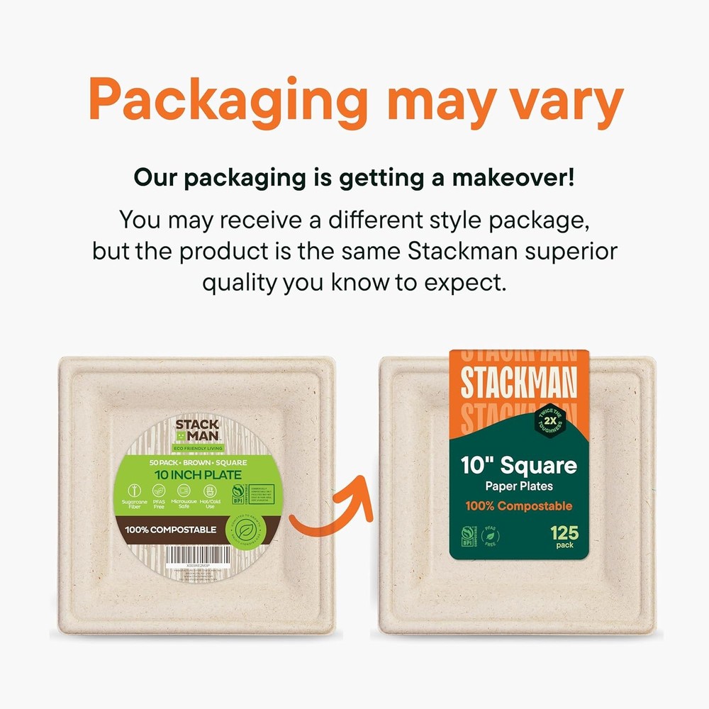 100% Compostable Square Paper Plates [50-Pack] - 10 Inch, Unbleached
