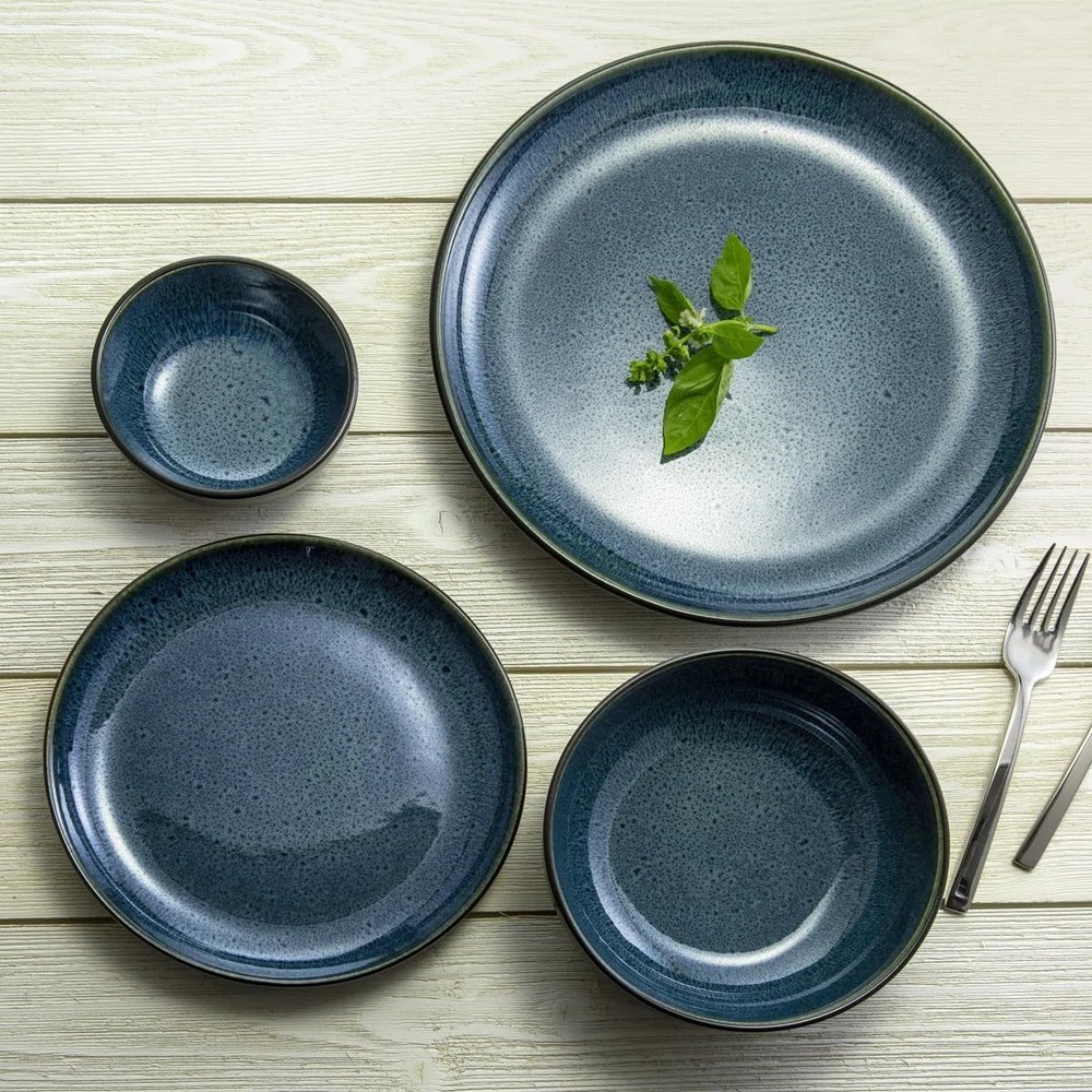 Sango 16-Piece Stoneware Dinnerware Set for 4, Glossy Black/Blue Big Dinner P...