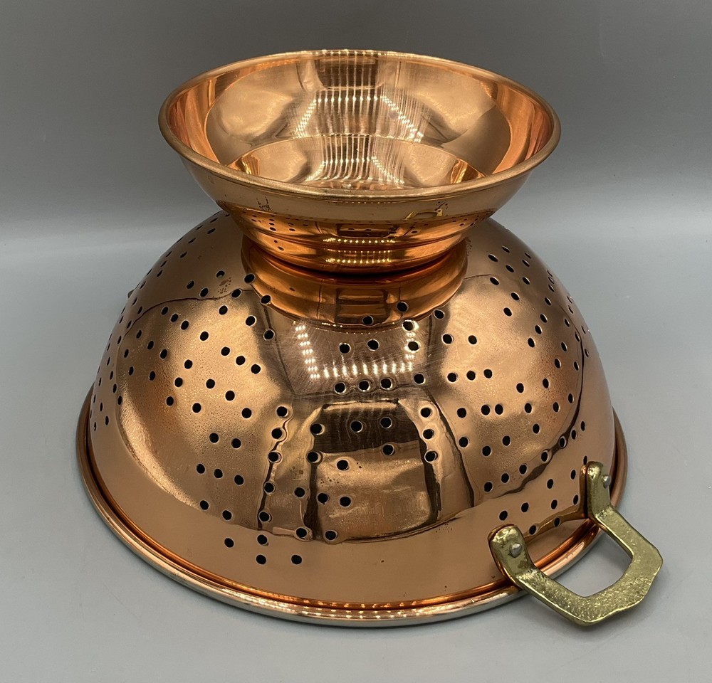Vintage Solid Copper Colander Tin? Lined Strainer w/Brass Handles Korea