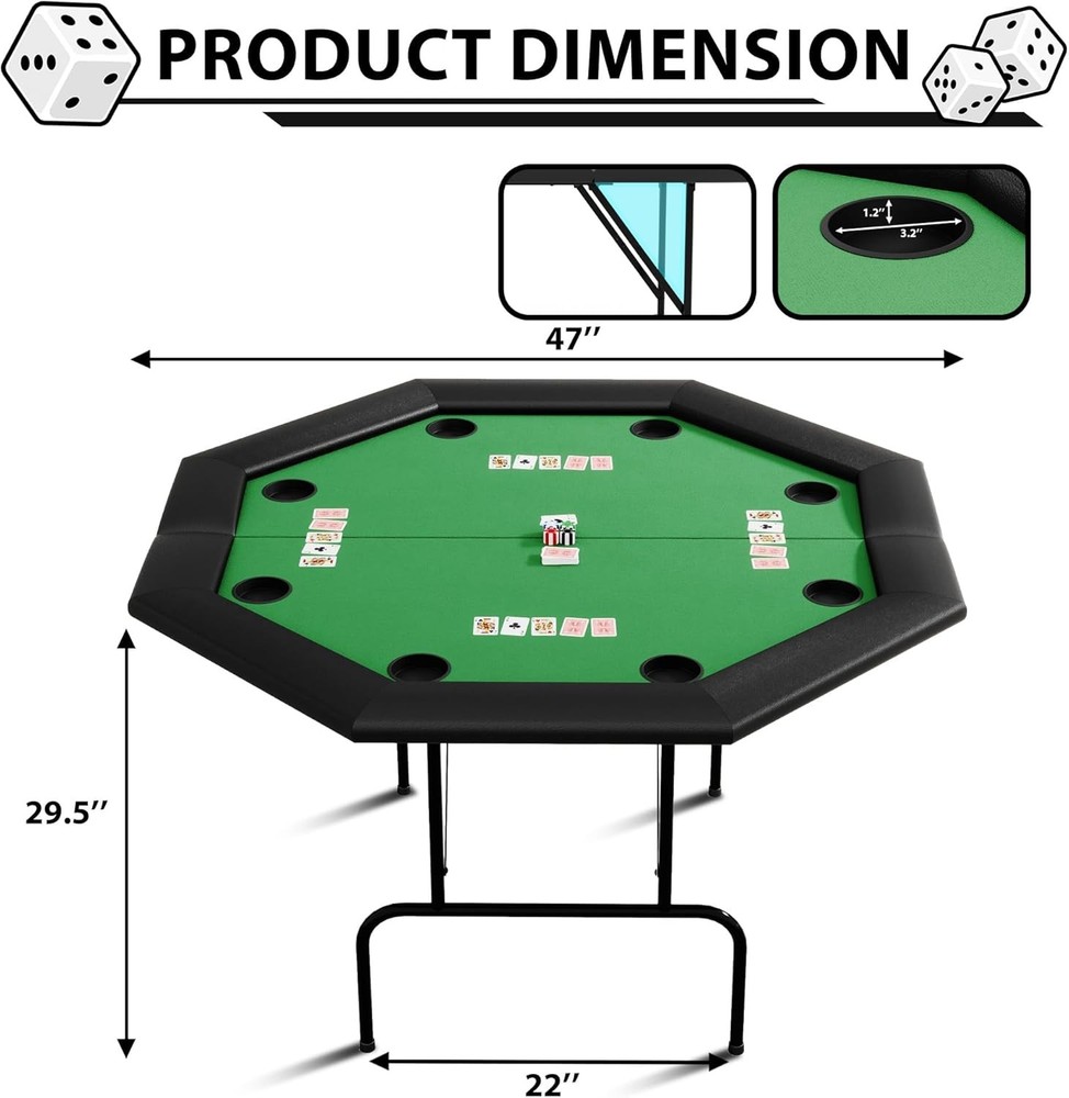 8 Player Poker Table Foldable, Octagonal Texas Hold'em Table with Cup Holders