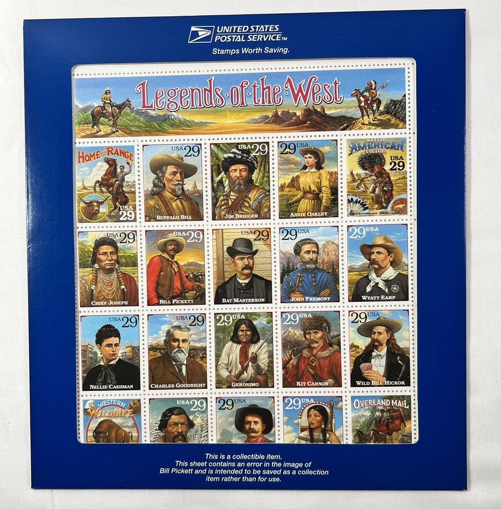 USPS Legends of the West Error Stamp Sheet with Correction Replacement Sheet