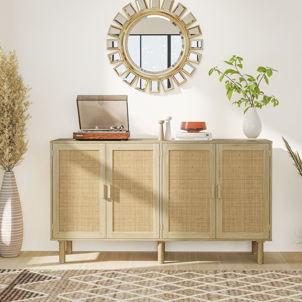 Two Double-tier Cabinet Sideboard with Rattan Doors for Ample Storage