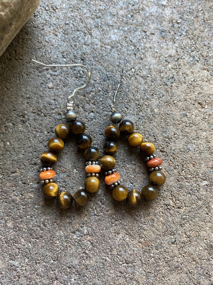 Sterling Silver Tiger’s Eye Spiny Oyster Bead Loop Earrings.