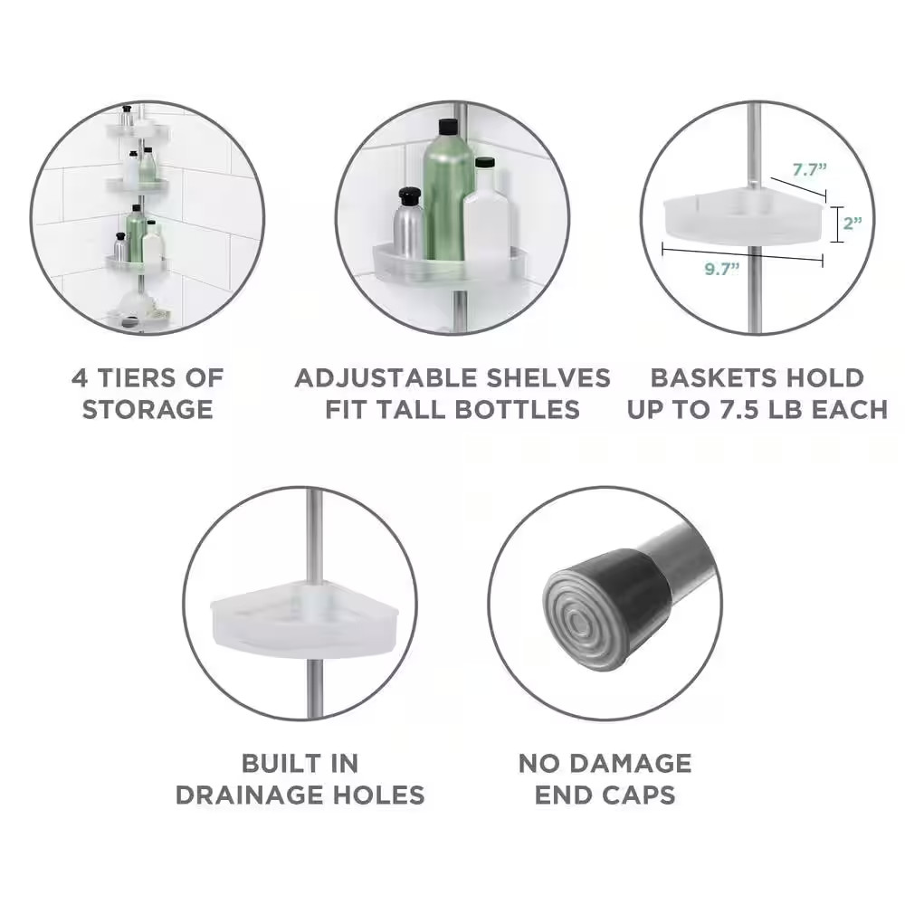 Tension Pole Rust Resistant Corner Shower Caddy in Satin Chrome